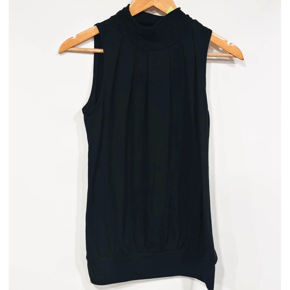 Zenana Premium Sleeveless Mock Neck Pleated Blouse Top Banded Waist Black Sz S